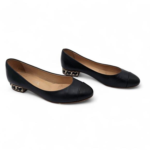 Chanel CC Cap Toe Ballet Flat Slipper Black Leather Chain Size 36.5 US 5.5 6 - Picture 2 of 12